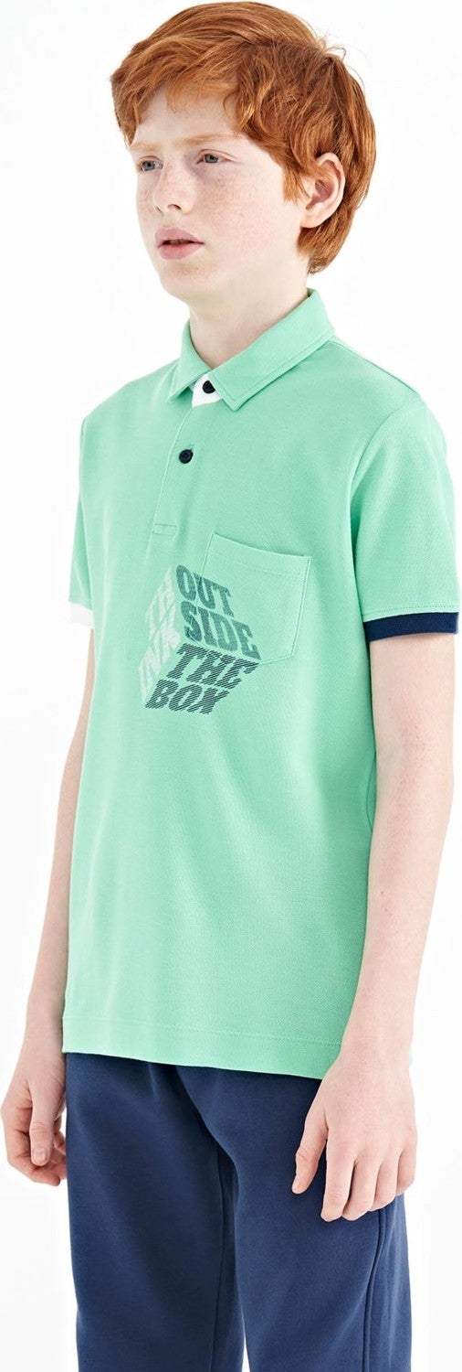 Tommy Life Water Green Front Pocket Detailed Printed Standard Size Polo Collar Boy's T-Shirt - 11102 - Image 5