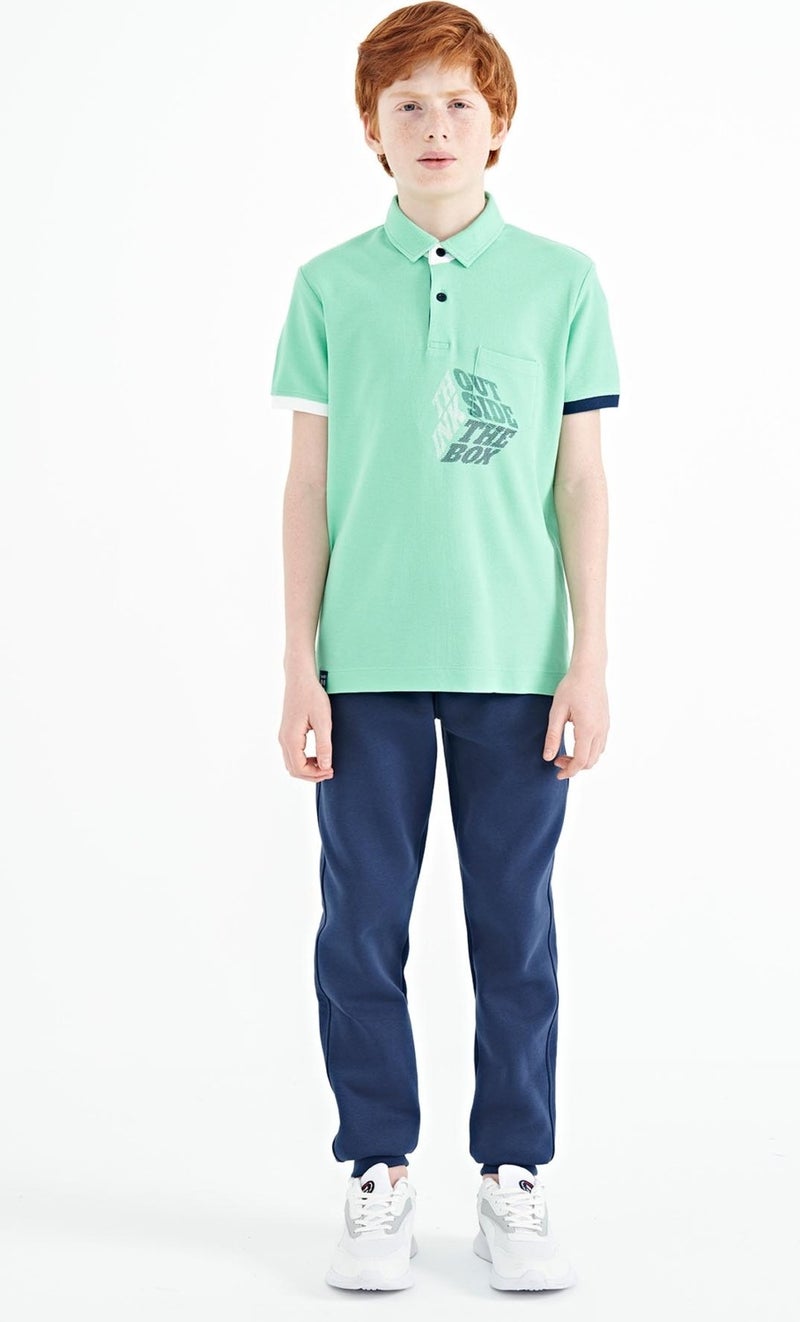 Tommy Life Water Green Front Pocket Detailed Printed Standard Size Polo Collar Boy's T-Shirt - 11102 - Image 3