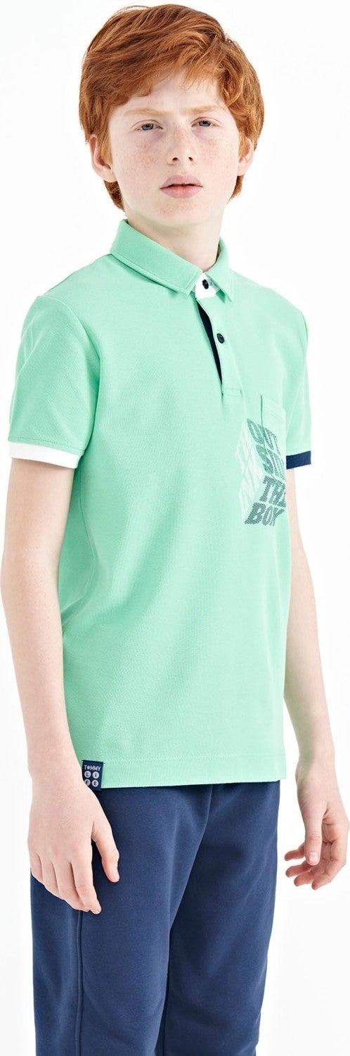 Tommy Life Water Green Front Pocket Detailed Printed Standard Size Polo Collar Boy's T-Shirt - 11102 - Image 4
