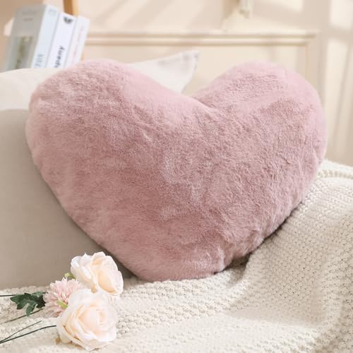EastTree Heart Pillows Dusty Pink Heart Shaped Pillows Love Throw Pillows Gifts Soft Faux Rabbit Fur Cute Pillows Women Girls Kid Room Decor 10x13 Inch - Image 1