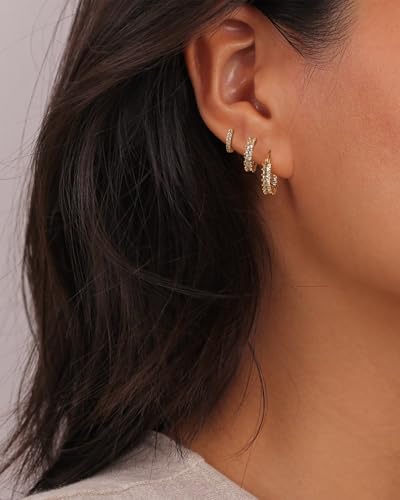 Rotnso Gold Hoop Earrings Set for Women Trendy, 14K Gold Plated Chunky Hypoallergenic Small Diamond Cartilage Hoops Cute Cubic Zirconia Dangle Earrings Jewelry Gifts - Image 2