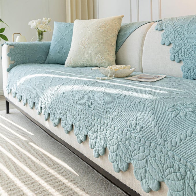 COTTON QUILTED DOG COUCH COVER FOR SOFA FARMHOUSE RUSTIC EMBROIDERY SECTIONAL COUCH COVER SOFT ANTISLIP SOFA SLIPCOVER FURNITURE PROTECTOR FOR KIDS PETS BLUE28X28