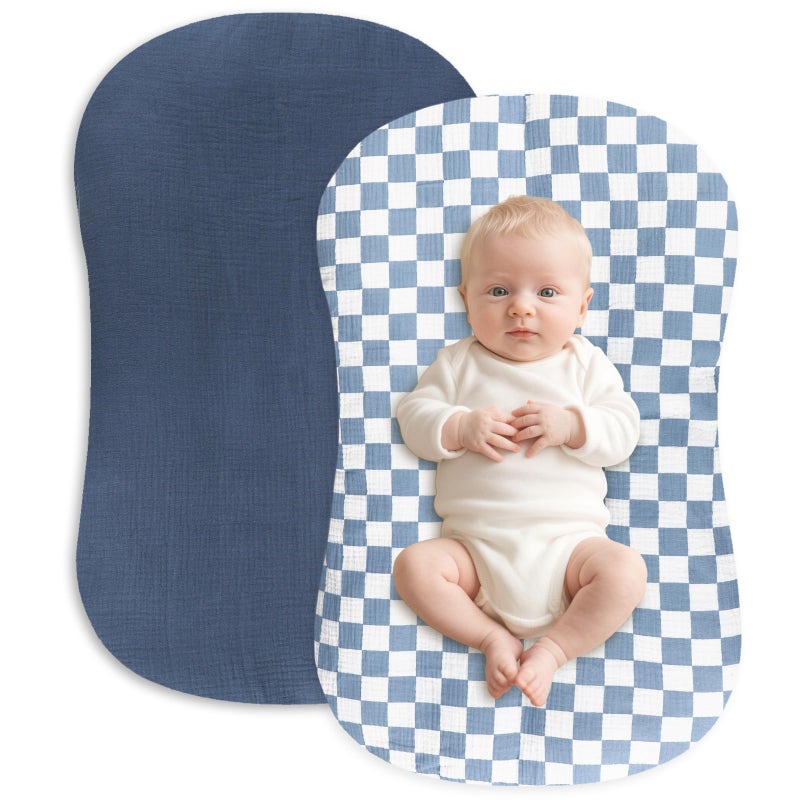 Hooyax Muslin Baby Lounger Cover 2 Pack - 100% Breathable Cotton Soft Infant Lounger Covers, Fits Most Standard Newborn Loungers & Pillows (Blue Checker + Navy) - Image 1
