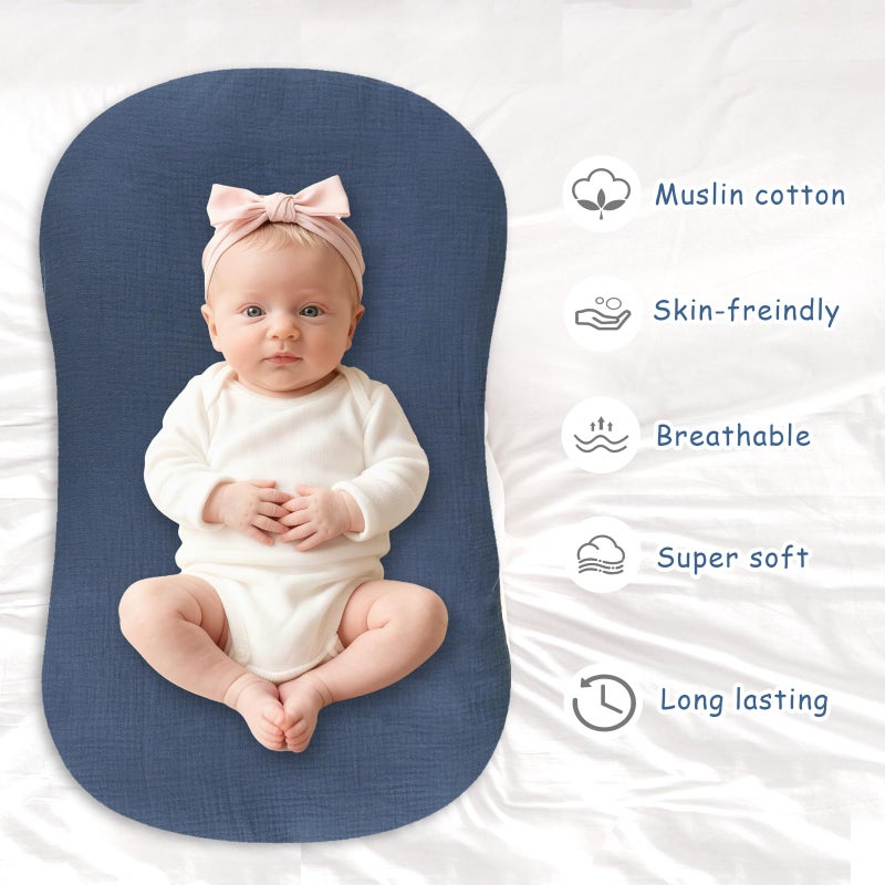 Hooyax Muslin Baby Lounger Cover 2 Pack - 100% Breathable Cotton Soft Infant Lounger Covers, Fits Most Standard Newborn Loungers & Pillows (Blue Checker + Navy) - Image 5