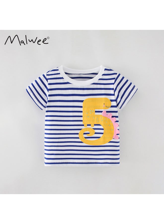 Malwee Children's Crewneck Shirt Summer New Casual Striped Short Sleeve T-shirt Top