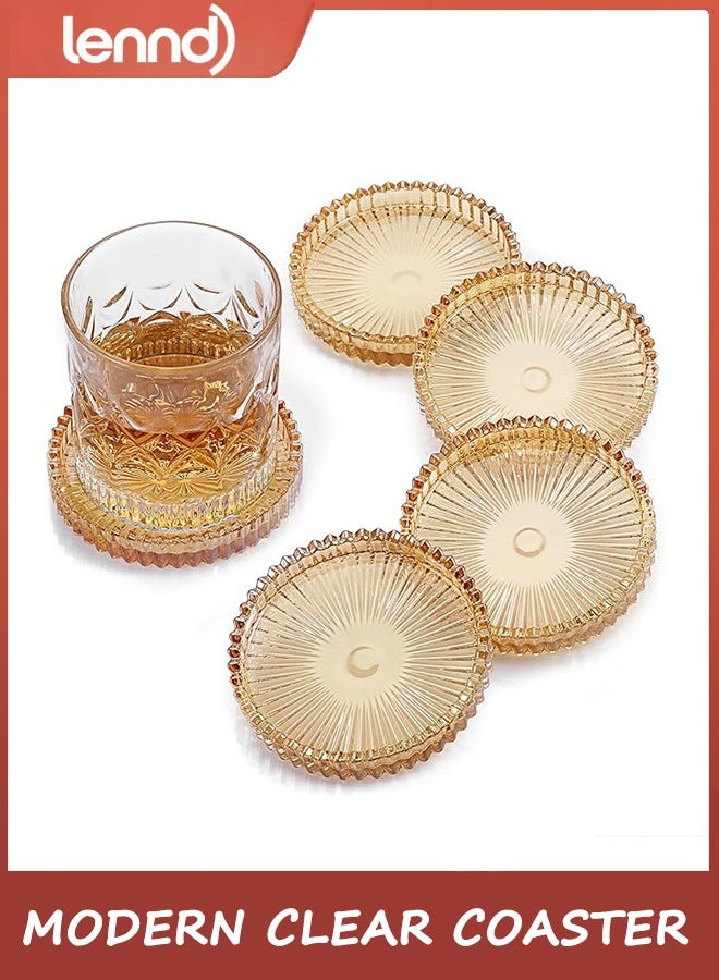 LENND Modern Clear Coaster Set of 5- Glass Coasters for Drinks Crystal Coasters Round Cup Coasters Coffee Table Decor for Office, Kitchen, Bar, Dining Room, Living Room, Patio(Amber) - Image 1
