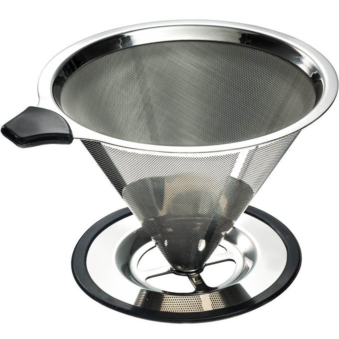 STAINLESS STEEL POUR OVER COFFEE CONE DRIPPER WITH CUP STAND PAPERLESS AND REUSABLE ULTRA FINE MICRO MESH FILTER BONUS COFFEE SCOOPING SPOON CLEANING BRUSH 14 CUP