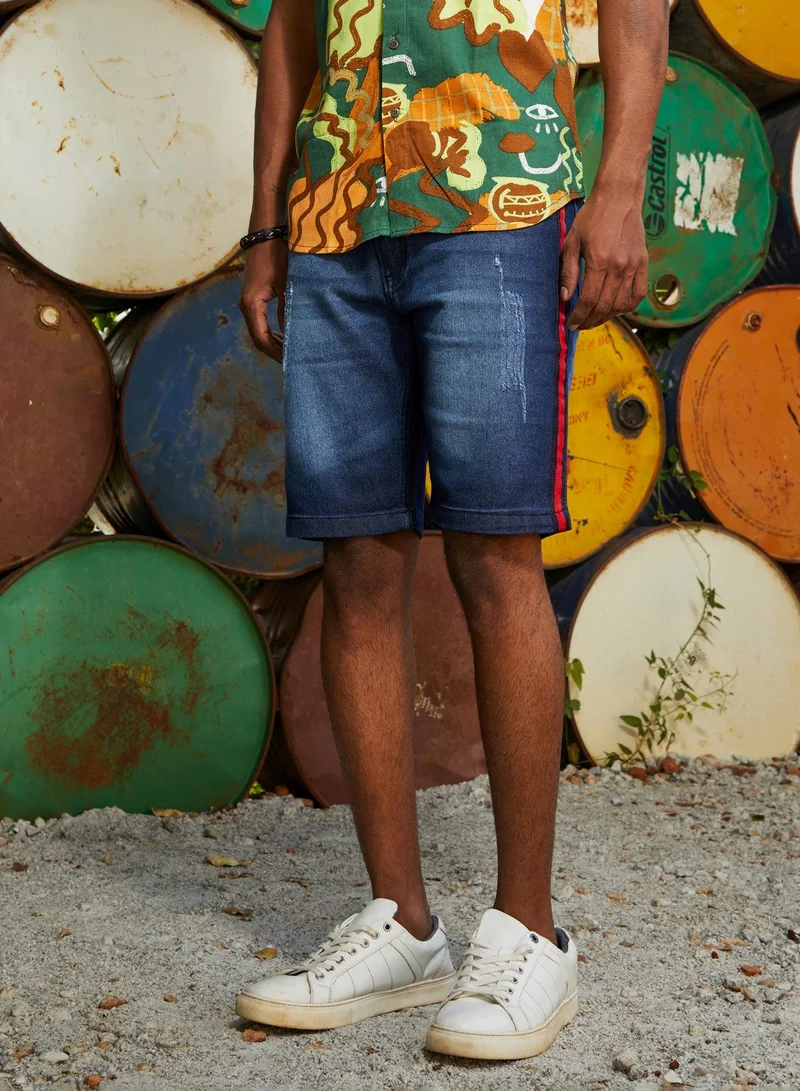 Campus Sutra Men's Side-Striped Dark-Wash Denim Shorts