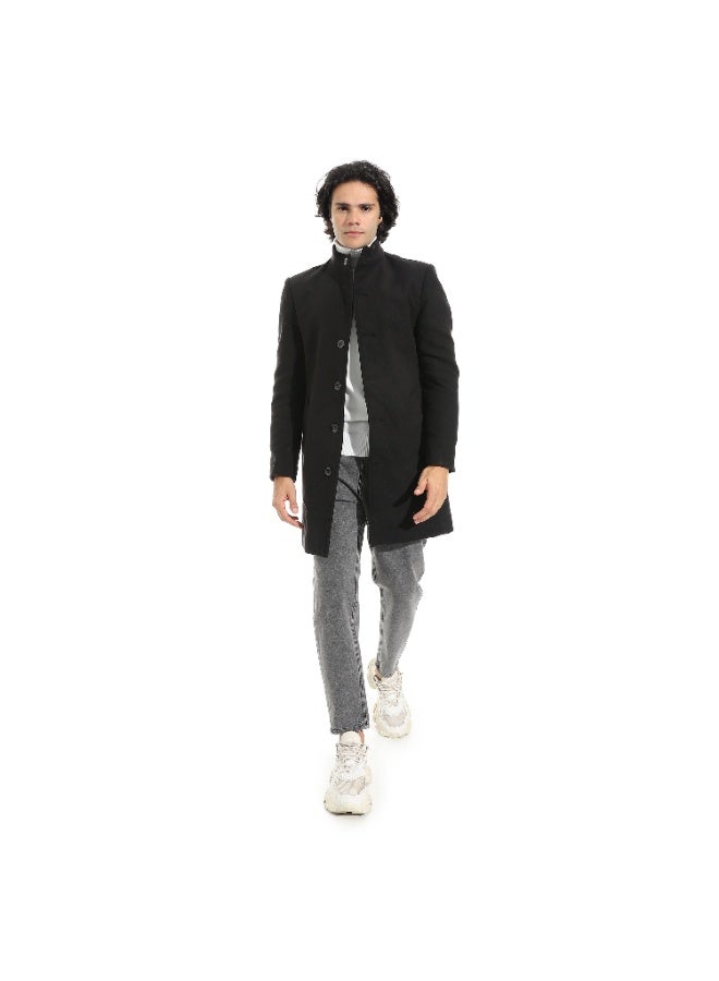 Andora Black Mid Thigh Length with Half Turned Down Collar Coat_Black - Image 5