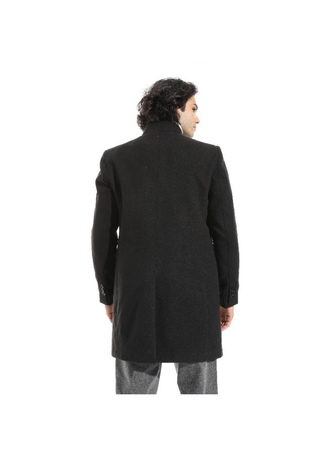 Andora Black Mid Thigh Length with Half Turned Down Collar Coat_Black - Image 2