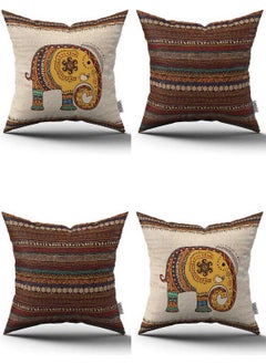 Cango Home Cream Brown Ethnic Elephant Patterned Digital Printed Throw Pillow Pillow Case Set 4KMBS300 