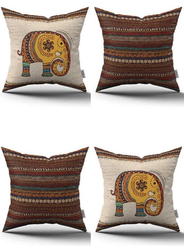 Cango Home - Cream Brown Ethnic Elephant Patterned Digital Printed Throw Pillow Pillow Case Set 4KMBS300 - Image 1