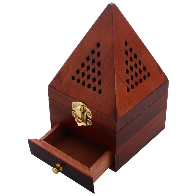 Vintage Chinese Wooden Incense Burner Hollow Pyramid Design Wine Red Aromatherapy Box - Image 2