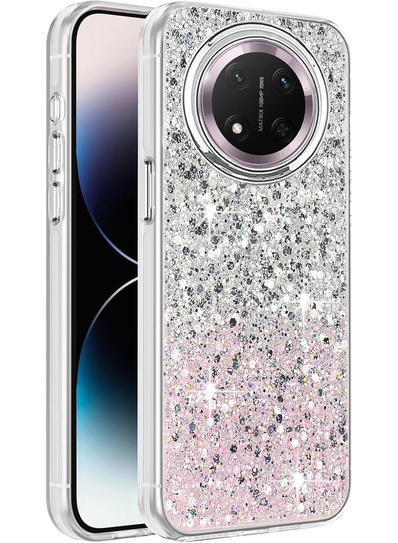 Compatible with Honor X9C Case, Clear Glitter Bling Sparkly, Soft TPU Frame Bumper, Hard-Back Cover for Women & Girls, Transparent Protective Phone Case (White Pink) - Image 1