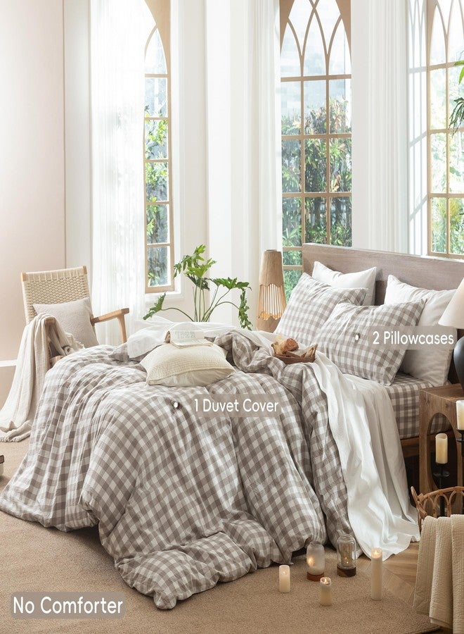 MooMee Gingham Duvet Cover Set 100% Washed Cotton Linen Like Textured Breathable Durable Soft Comfy Modern Checkered Design (Buffalo Plaid Tannish Linen Grey, King 104"x90") - Image 2