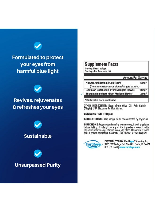 Fortifeye Vitamins - Fortifeye Focus Eye Care Supplement ; Triple Carotenoid Including Astaxanthin Lutein And Zeaxanthin ; 30 Softgel Capsules - Image 1