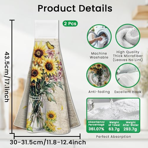 CUTHOLLOW Sunflower and Vase Hanging Kitchen Towels with Loop, Set of 2 - Soft & Super Absorbent Microfiber Decorative Hanging Dish & Hand Towel, Tea, Coffee Towel for Kitchen Bathroom Oven Handle - Image 2