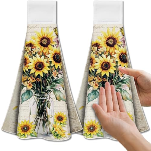 CUTHOLLOW Sunflower and Vase Hanging Kitchen Towels with Loop, Set of 2 - Soft & Super Absorbent Microfiber Decorative Hanging Dish & Hand Towel, Tea, Coffee Towel for Kitchen Bathroom Oven Handle - Image 1