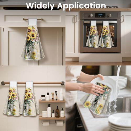 CUTHOLLOW Sunflower and Vase Hanging Kitchen Towels with Loop, Set of 2 - Soft & Super Absorbent Microfiber Decorative Hanging Dish & Hand Towel, Tea, Coffee Towel for Kitchen Bathroom Oven Handle - Image 4