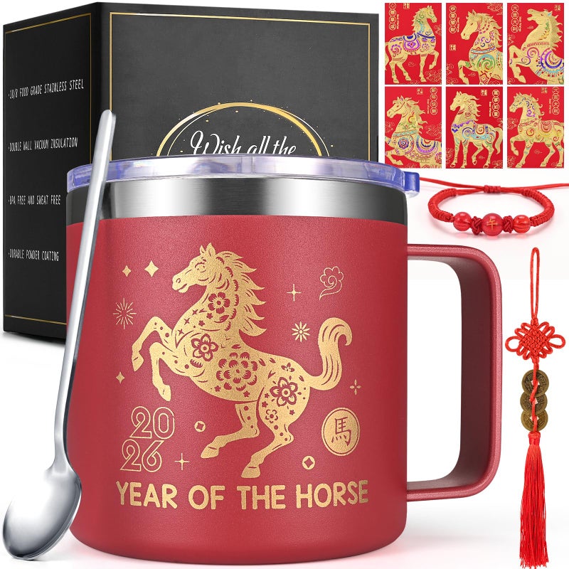 Lifecapido Chinese Lunar New Year Gifts 2026, Year of The Horse 2026 Gifts for Family Friends, 14oz Mug with Spoon, Red Envelope, Bracelet, Lucky Coins Decoration(Red) - Image 1