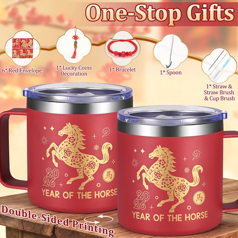 Lifecapido Chinese Lunar New Year Gifts 2026, Year of The Horse 2026 Gifts for Family Friends, 14oz Mug with Spoon, Red Envelope, Bracelet, Lucky Coins Decoration(Red) - Image 2