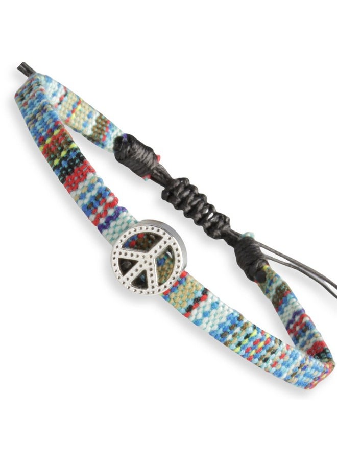 Soul Statement - Boho Colorful Woven Cloth Surfer Bracelets With Peace Sign Charm Adjustable Sizing Converts Into Anklet Stackable Dainty Beaded Jewelry For Women Waterproof Trendy Summer Accessories (Blue Peace Sign) - Image 1