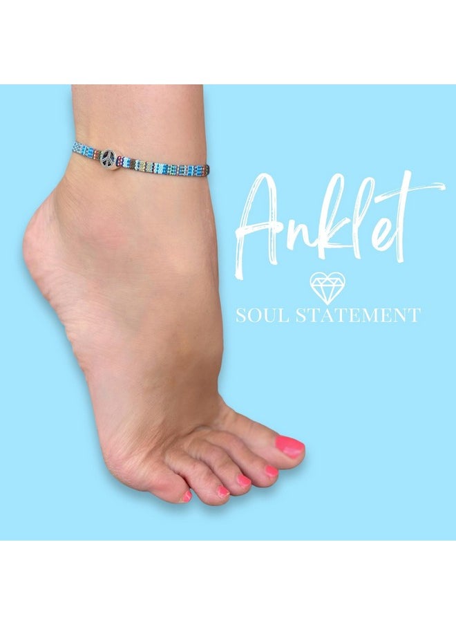Soul Statement - Boho Colorful Woven Cloth Surfer Bracelets With Peace Sign Charm Adjustable Sizing Converts Into Anklet Stackable Dainty Beaded Jewelry For Women Waterproof Trendy Summer Accessories (Blue Peace Sign) - Image 1