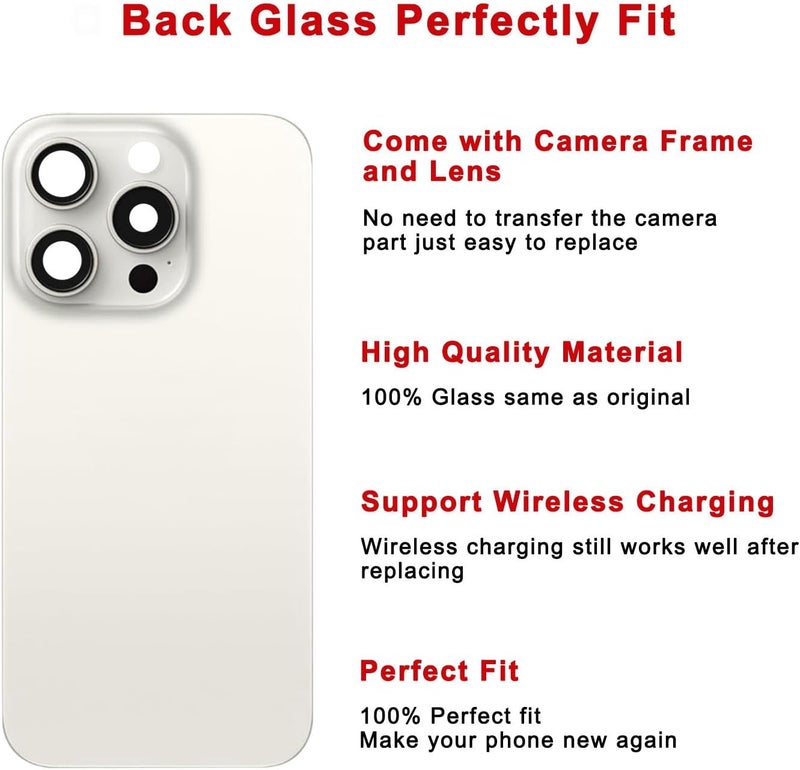 Perzework Rear Back Glass Replacement for iPhone 15 Pro 6.1-inches + Pre-Installed Plate and Camera Frame + Reparing Toolkit (White Titanium) - Image 3