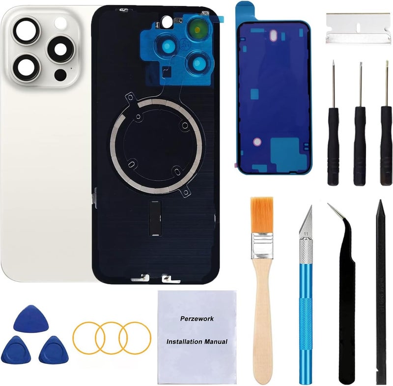 Perzework Rear Back Glass Replacement for iPhone 15 Pro 6.1-inches + Pre-Installed Plate and Camera Frame + Reparing Toolkit (White Titanium) - Image 1