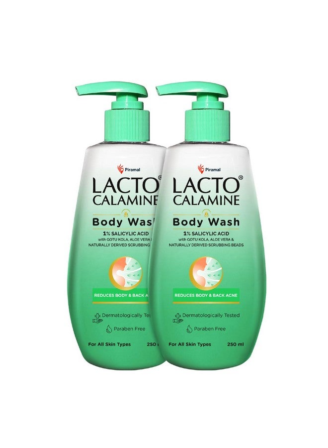 Lacto Calamine غسول الجسم لاكتو كالمين 1% حمض الساليسيليك | 250 مل - عبوة من 2 | لعلاج حب الشباب في الجسم، حب الشباب في الظهر، البشرة الخشنة والمطبات | سيكا، صبار، كركم وخرز مقشر طبيعي | خالي من البارابين | جل استحمام للرجال والنساء - Image 1