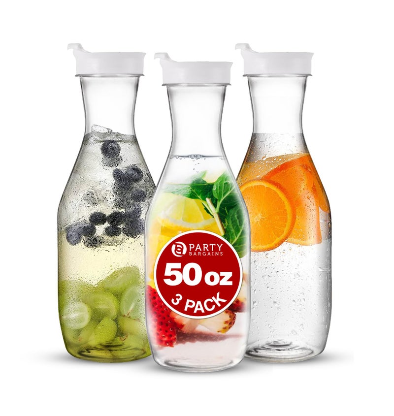 Party Bargains Party Bargains 50 oz Plastic Carafe with Lids  Clear 3 Count White Flip Tab Lid Premium Quality  Heavy Duty Plastic Pitcher for Iced Tea Powdered Juice Cold Beverages Mimosa Bar 