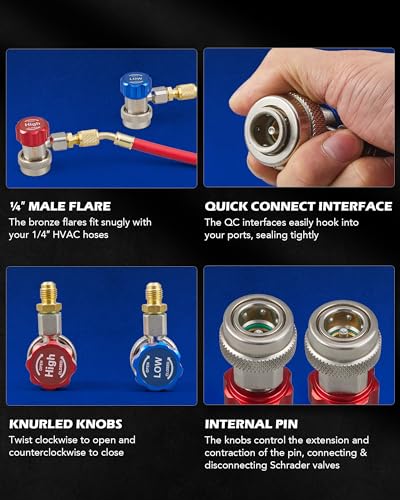 Orion Motor Tech محول سريع من أوريون موتور تكنولوجي R134a، محولات R134a قابلة للتعديل وتركيبات خراطيم التكييف، موصلات الضغط العالي والمنخفض لنظام تكييف السيارات R134a، 1/4" فليير، مجموعة من 2 - Image 3