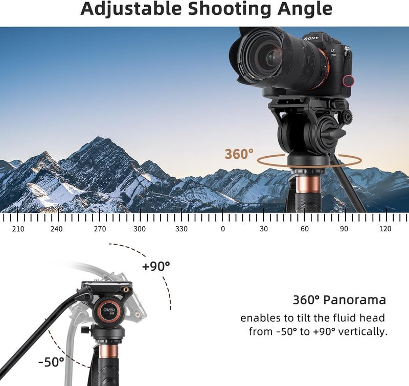 Cayer H8 Video Tripod Fluid Head, Metal Heavy Duty Drag Pan Head with 60 mm Flate Base, Adjustable Pan Handle, Load up to 13.2Ibs for Compact Video Camera DSLR Camera - Image 2