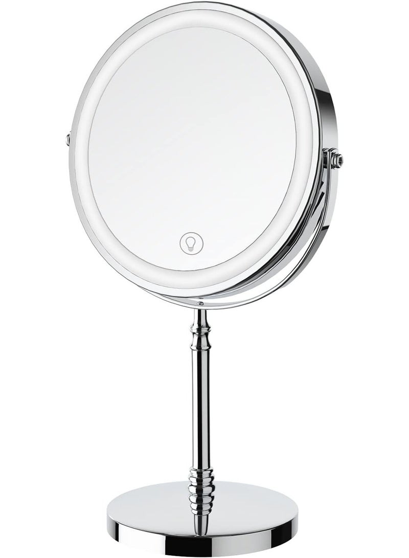Lighted Makeup Mirror, 8" Rechargeable Double Sided Magnifying Mirror with 3 Colors, 1x/10x 360° Rotation Touch Screen Vanity Mirror, Brightness Adjustable Magnification Cosmetic Light up Mirror - Image 1