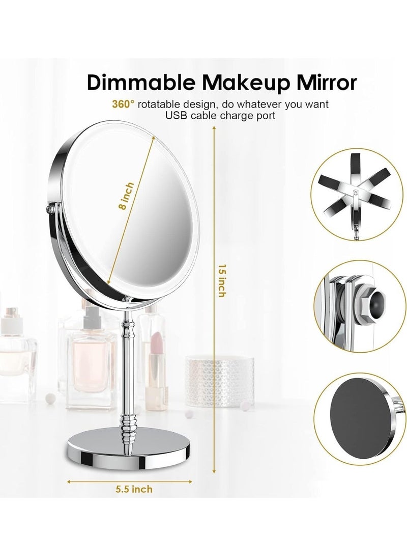 Lighted Makeup Mirror, 8" Rechargeable Double Sided Magnifying Mirror with 3 Colors, 1x/10x 360° Rotation Touch Screen Vanity Mirror, Brightness Adjustable Magnification Cosmetic Light up Mirror - Image 2