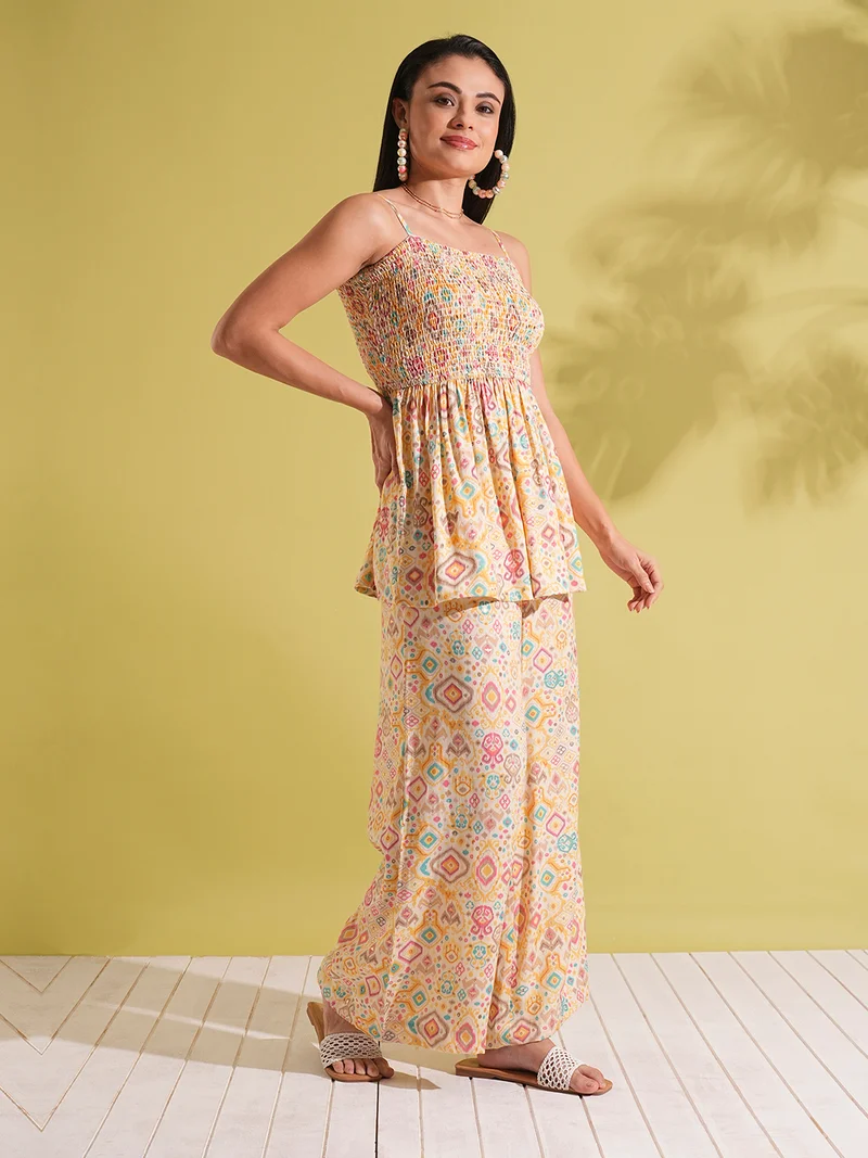 globus Women Indie Print Strappy Shoulder Smocked Peplum Top & Palazzos Fusion Co-Ord Set