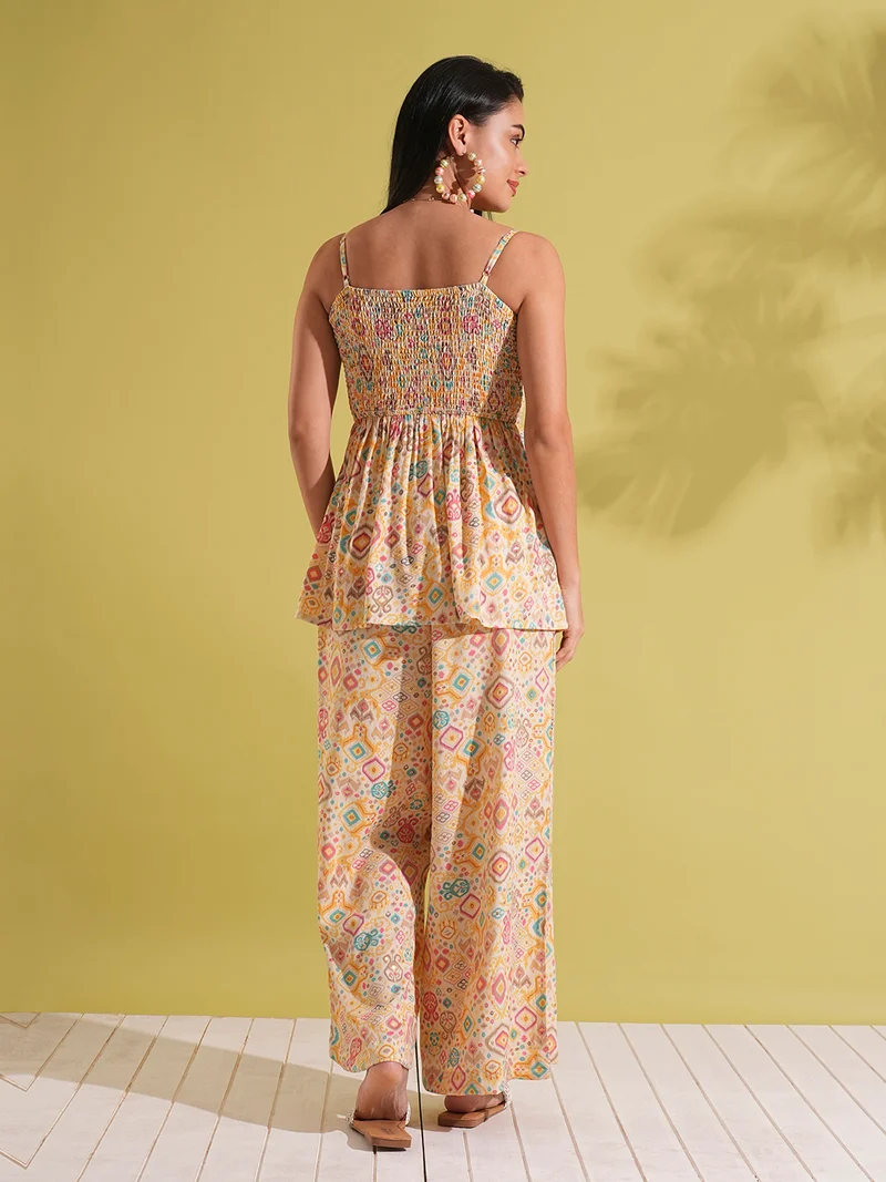 globus Women Indie Print Strappy Shoulder Smocked Peplum Top & Palazzos Fusion Co-Ord Set