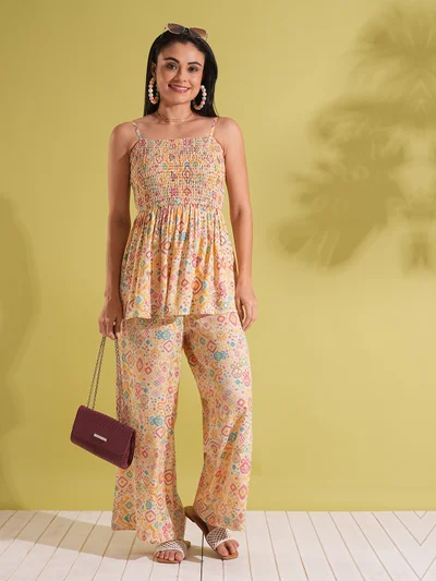 globus Women Indie Print Strappy Shoulder Smocked Peplum Top & Palazzos Fusion Co-Ord Set