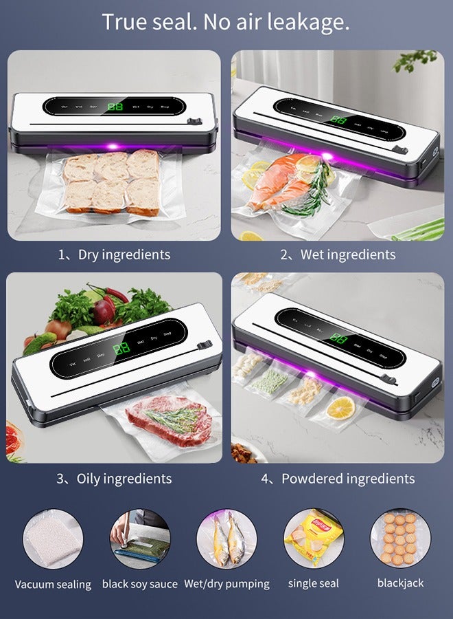 Vacuum Sealer,Full Automatic Vacuum Food Sealer for Food Saver,  Dry & Moist Sealing Modes with Air Sealing System,Built-in Cutter,LED Indicator Lights,10 Vacuum Seal Bags & Air Suction Hose for Bags, Jars and Containers Food Preservation Storage Saver  - Image 2
