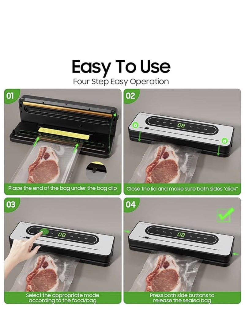 Vacuum Sealer,Full Automatic Vacuum Food Sealer for Food Saver,  Dry & Moist Sealing Modes with Air Sealing System,Built-in Cutter,LED Indicator Lights,10 Vacuum Seal Bags & Air Suction Hose for Bags, Jars and Containers Food Preservation Storage Saver  - Image 3