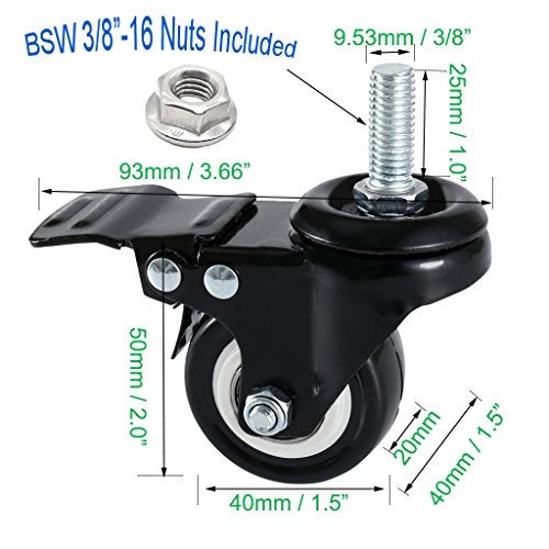 DICASAL 4 Pack 1.5 Inch Swivel Stem Casters, Non-Marking Polyurethane Wheels 330 Lbs with Diameter 3/8"- 16 x 1 Stem Thread and Nuts for Carts Trolley Furniture - Image 3