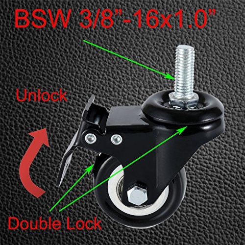DICASAL 4 Pack 1.5 Inch Swivel Stem Casters, Non-Marking Polyurethane Wheels 330 Lbs with Diameter 3/8"- 16 x 1 Stem Thread and Nuts for Carts Trolley Furniture - Image 4