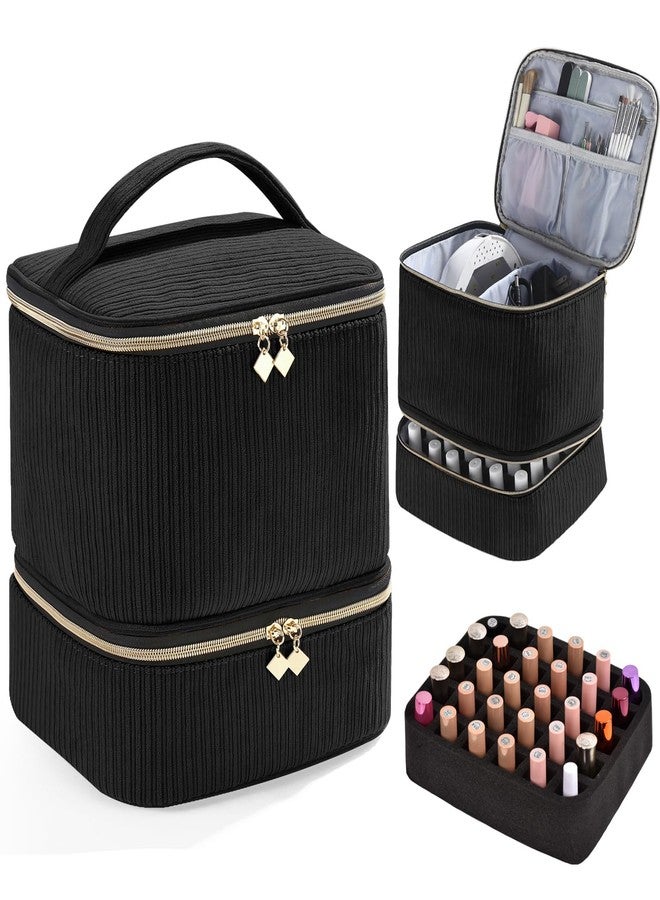 CTWWFS Corduroy Nail Polish Organizer and Nail Lamp Case, Nail Kit Organizer Holds 30 Bottles (15ml - 0.5 fl.oz) and a Nail Lamp, Nail Polish Carrying Case with Manicure Tools Storage Sections (Black) - Image 1