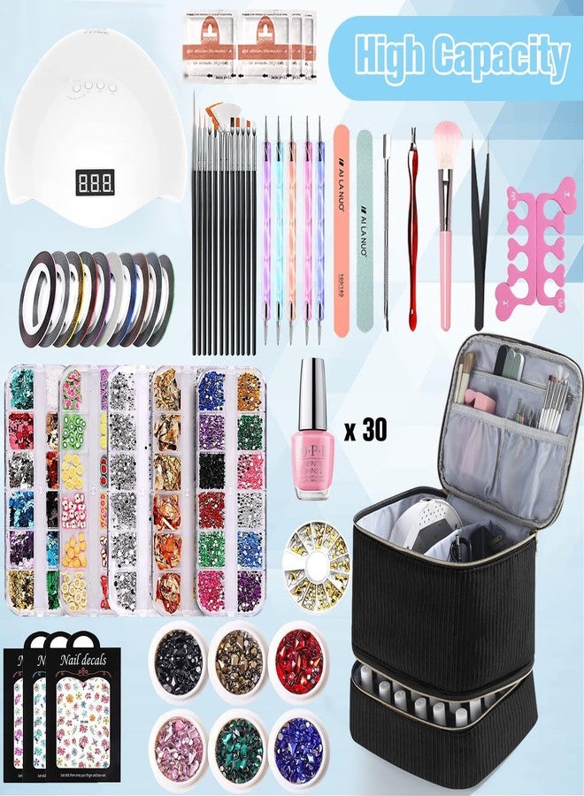 CTWWFS Corduroy Nail Polish Organizer and Nail Lamp Case, Nail Kit Organizer Holds 30 Bottles (15ml - 0.5 fl.oz) and a Nail Lamp, Nail Polish Carrying Case with Manicure Tools Storage Sections (Black) - Image 2