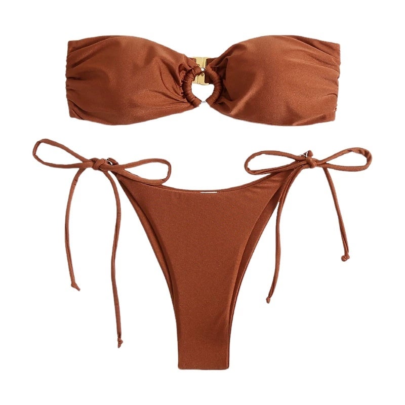 Golden brown coffee bikini strapless beach sexy swimsuit straps supermodel Ken Bean gold buckle niche blogger BIKINI - Image 3