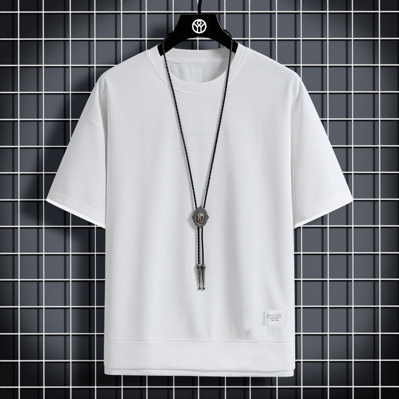 Summer waffle T-shirt mens fake two-piece loose half-sleeve T-shirt ice silk thin round neck short-sleeve T-shirt jacket thin H2103 White 