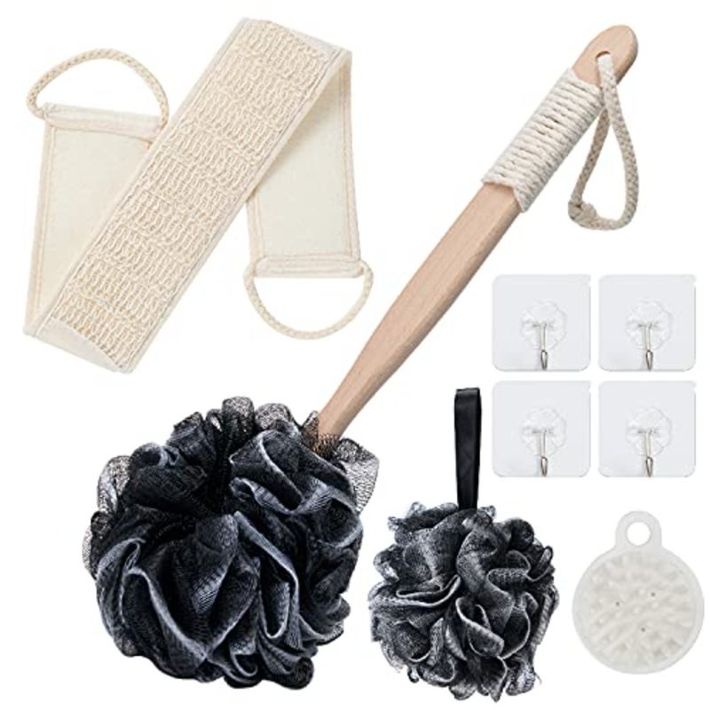 8Pack Bath Brush Set -Shower Loofah Sponge with Long Handled, Natural Loofah Exfoliating Back Scrubber for Shower, Luffa Pouf, Scalp Massager and 4 Hook, Back Scrubber for Shower for Men and Women - Image 1