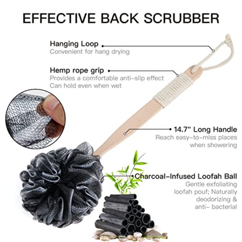 8Pack Bath Brush Set -Shower Loofah Sponge with Long Handled, Natural Loofah Exfoliating Back Scrubber for Shower, Luffa Pouf, Scalp Massager and 4 Hook, Back Scrubber for Shower for Men and Women - Image 3