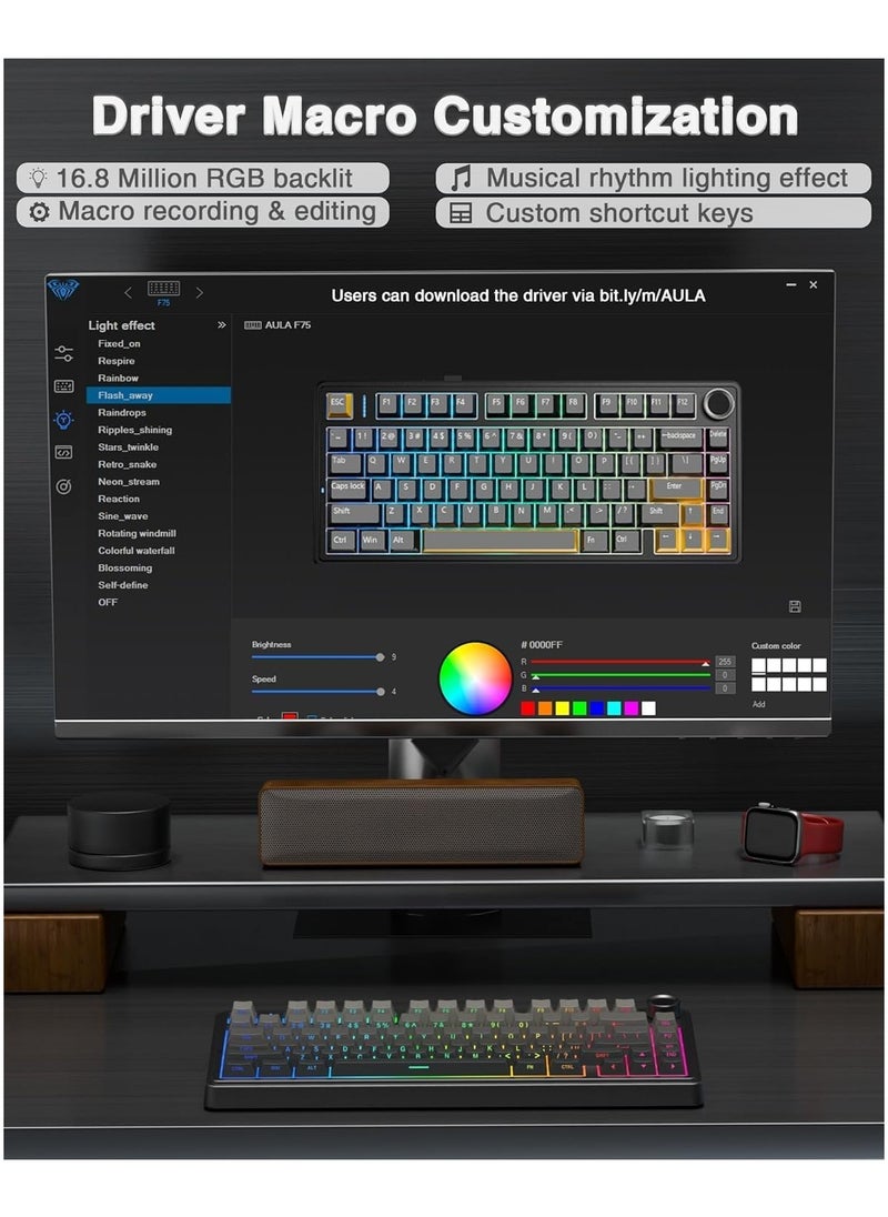 AULA - F75 Pro Wireless Mechanical Keyboard,75% Gasket Hot Swappable Custom Keyboard,RGB Backlit,Pre-lubed Reaper Switches,Side Printed PBT Keycaps,2.4GHz/USB-C/BT5.0 Mechanical Gaming Keyboard - Image 1