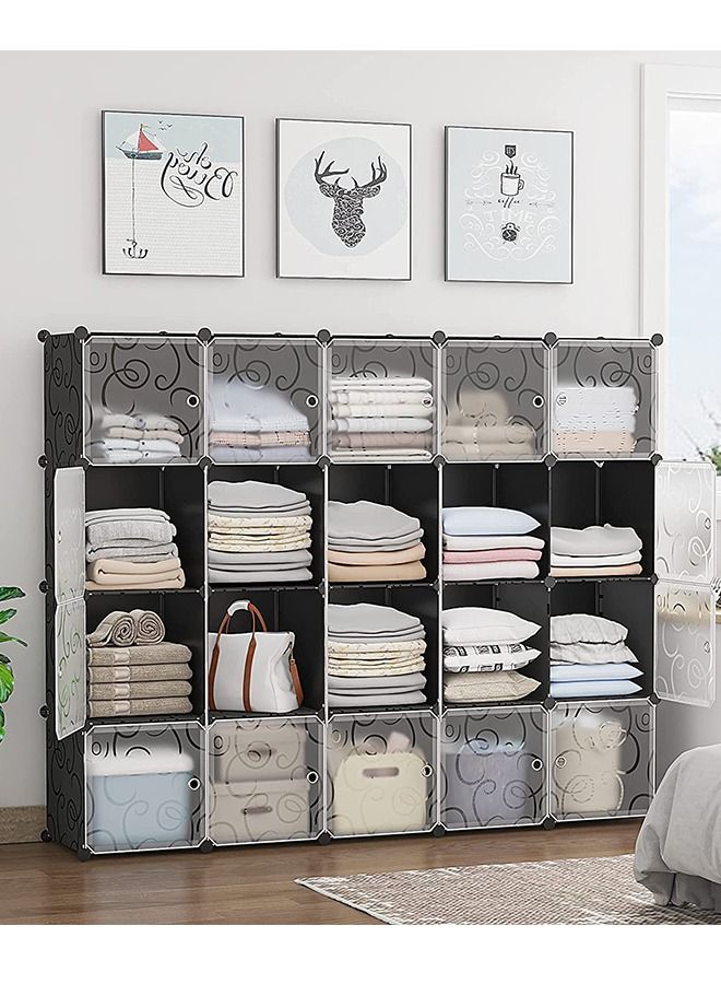 CityRiya-Long Cube Storage Organizer 20-Cube Closet Organizer with Doors 12" × 12" Modular Book Shelves Plastic Stackable Cubes Cabinet Wardrobe for Bedroom Home - Image 2